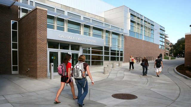 outside the entrance to the Gallogly Events Center