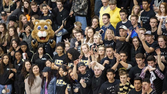 Clyde the mascot in a sea of students at a sports event