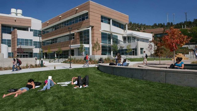 students relaxing on the lawn in front of Osborne