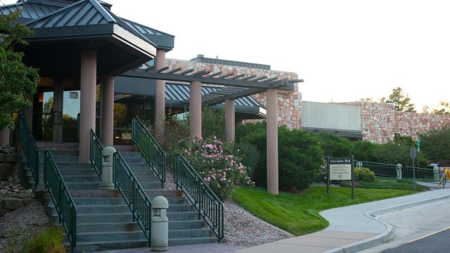 the entrance to University Hall in the Spring