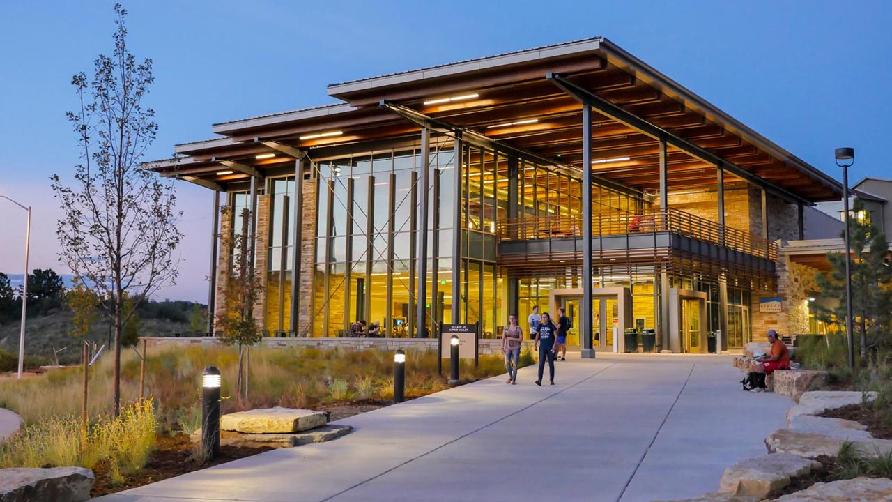 The Roaring Fork dining hall at dusk